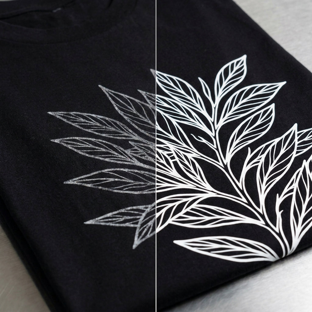The same design printed with hobby-grade ink on the left — dull and patchy — and the professional grade on the right, solid and vivid