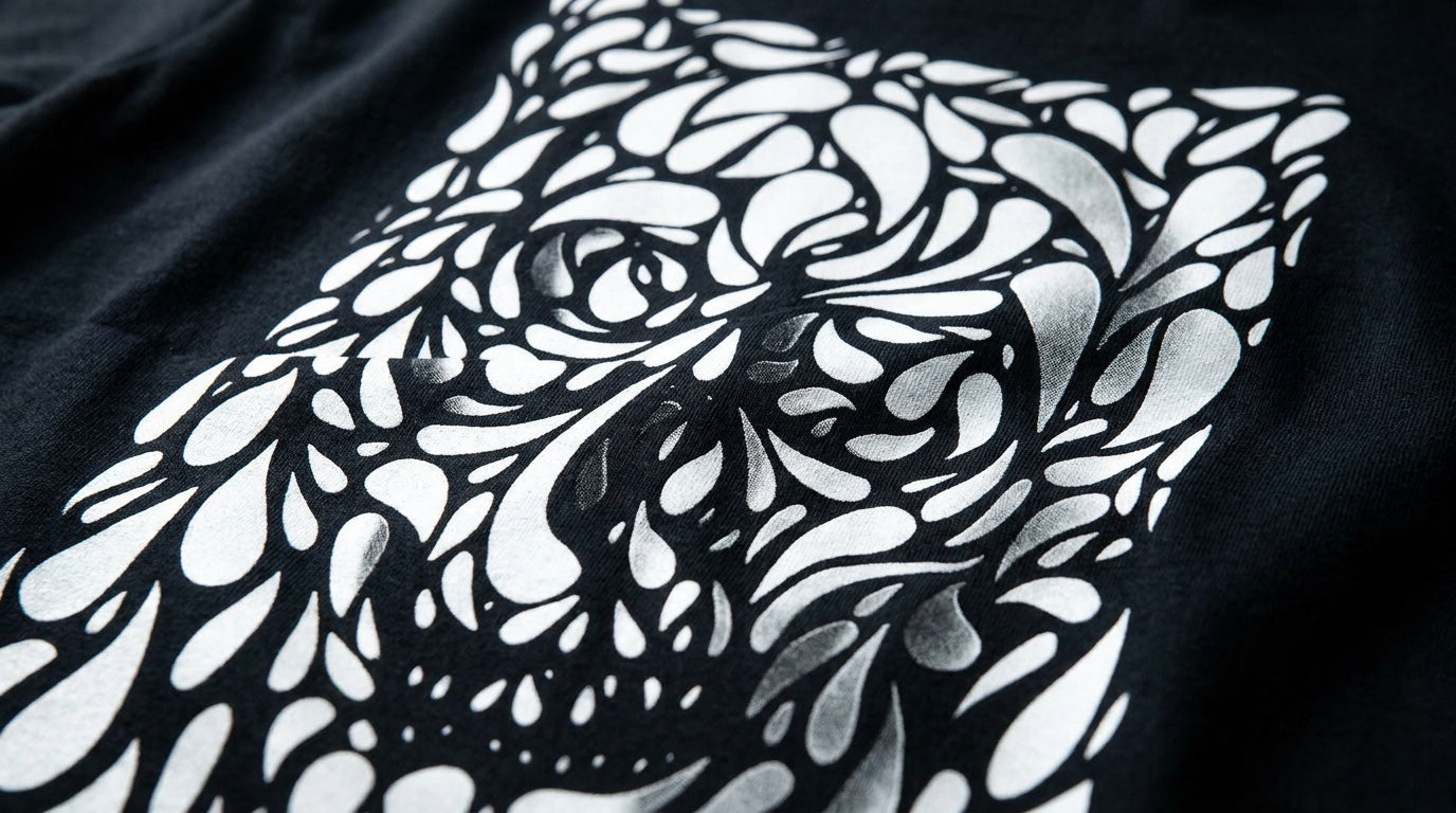 Pigmento ink printed on a black tee