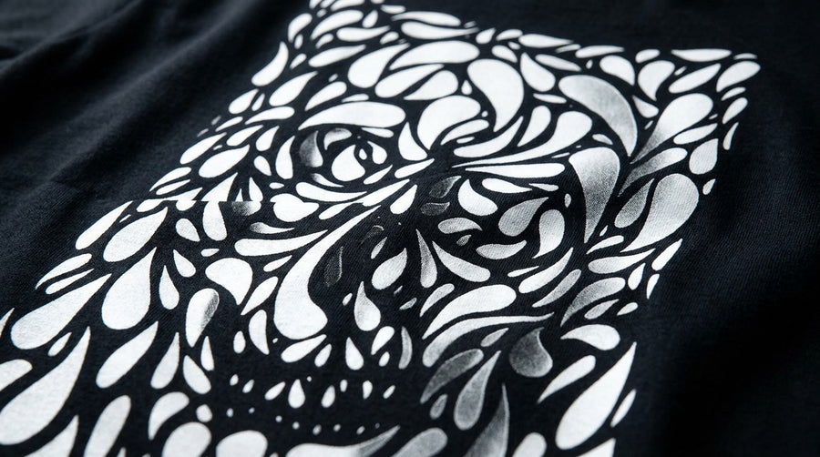 White Pigmento ink on a black tee — droplet-pattern skull with full coverage and a soft hand-feel